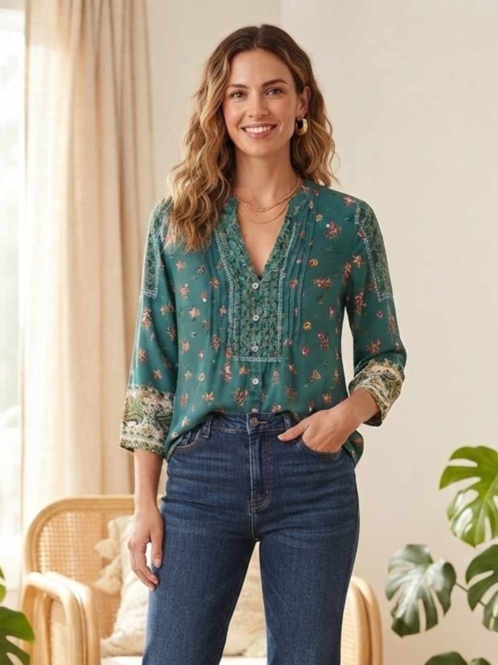 fig and flower Teal Floral Pintuck V-Neck Blouse
